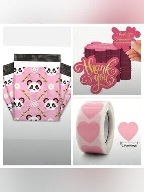 30pc-Panda 🐼 Poly Mailers - Thank You Cards & Heart Stickers (Pink 🩷)
